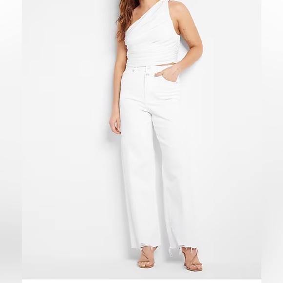 EXPRESS SUPER HIGH WAISTED WHITE 90s WIDE LEG JEANS SIZE 18 SHORT - Picture 9 of 9